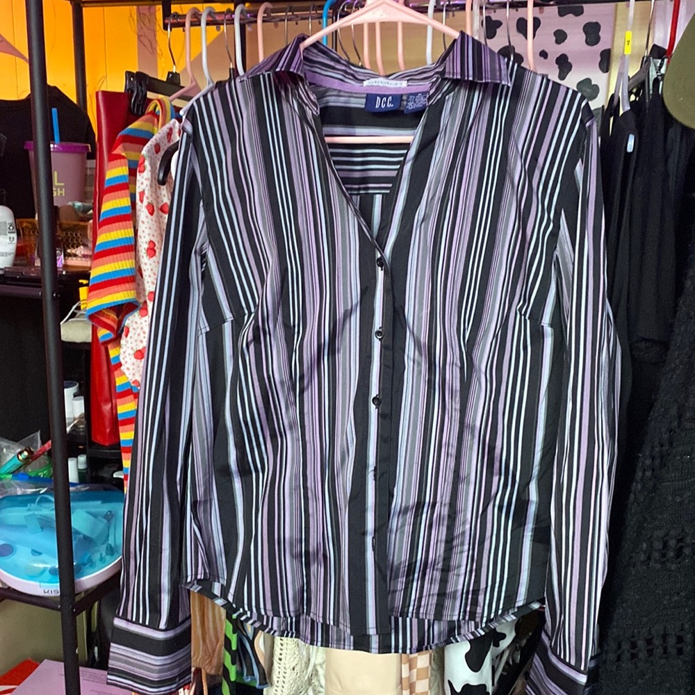Button up shirt. purple grey and black. washer and dryer safe